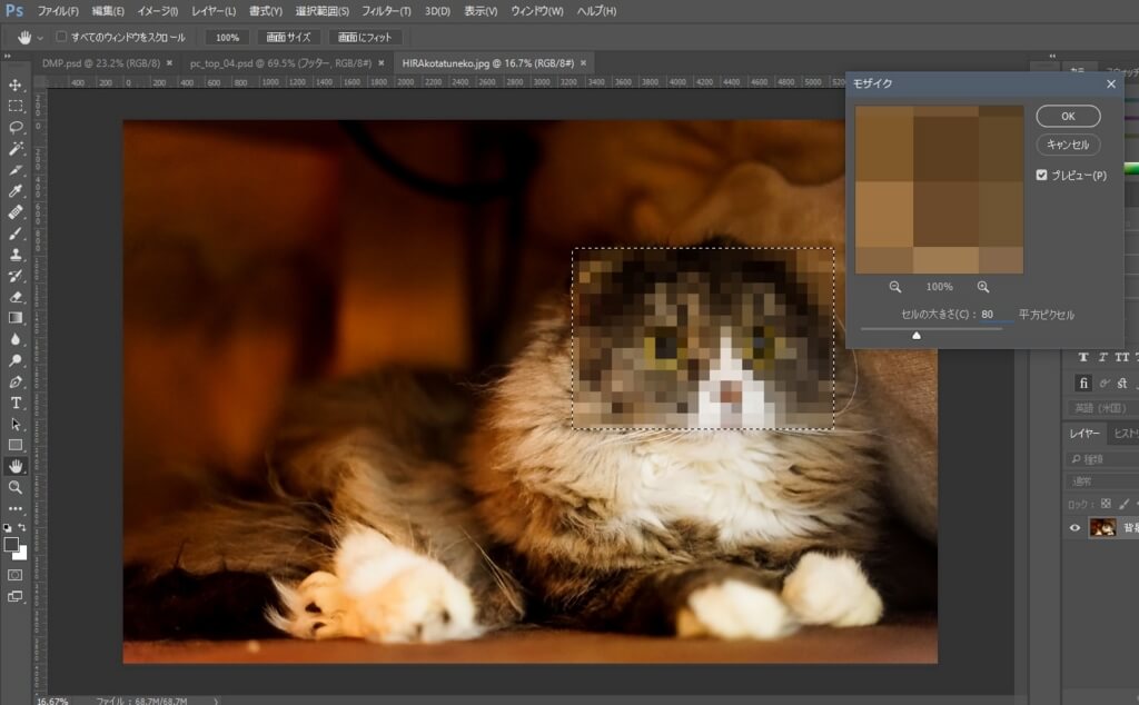 Photoshopのモザイクでプレビューウィンドウを見ながら調整する