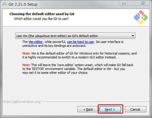 「Choosing the default editor used by Git」エディターを選択する